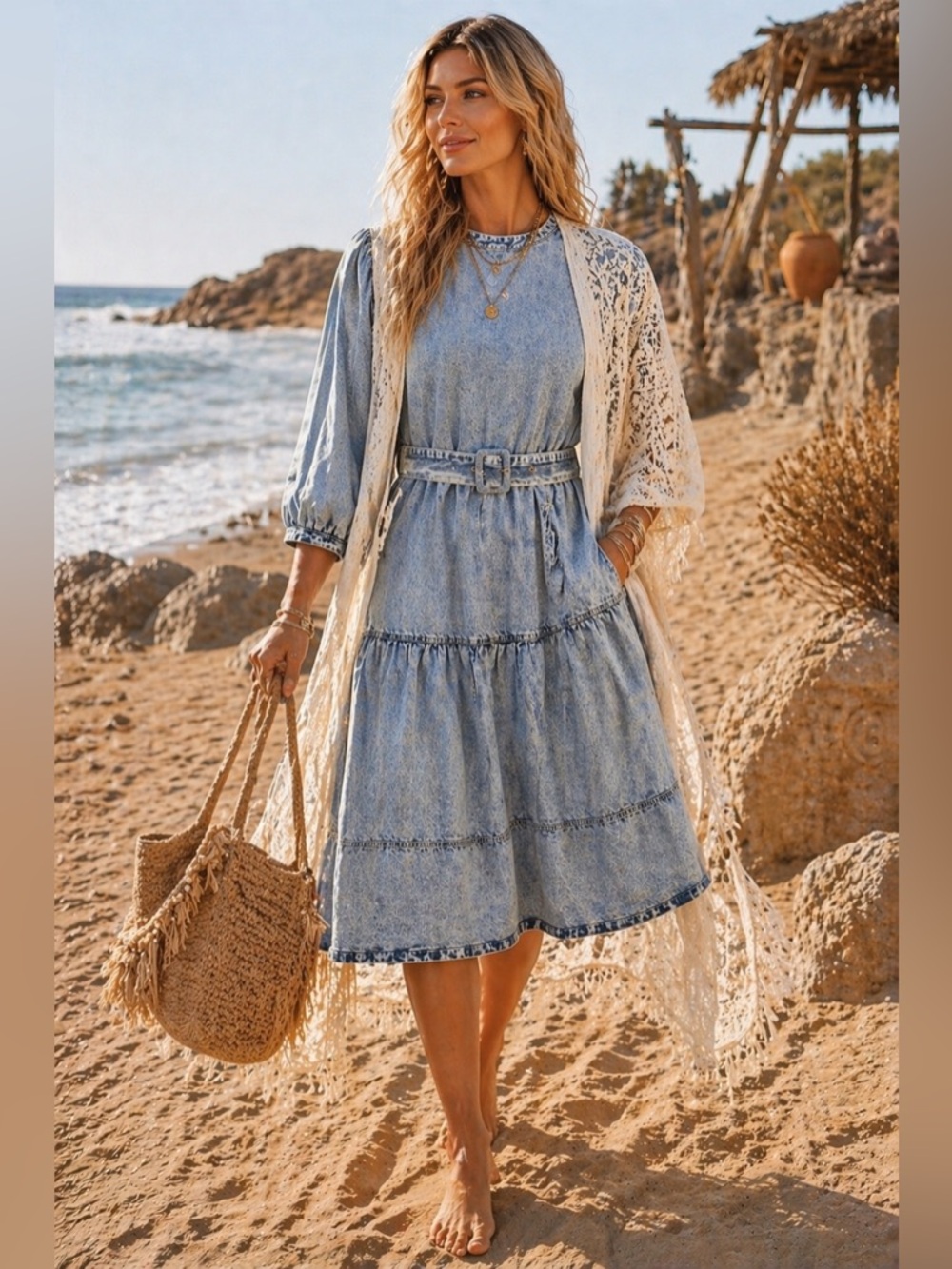 Front Row by Sara & Goldy Boho Denim Belted Midi Dress – Tiered | Puff Sleeve - Picture 7 of 12